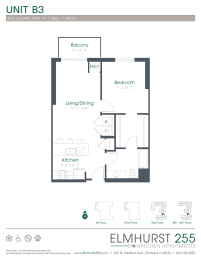 1 bed 1 bath a floor plan for a unit with a bedroom and a bathroom  at Elmhurst 255, Elmhurst, IL, 60126