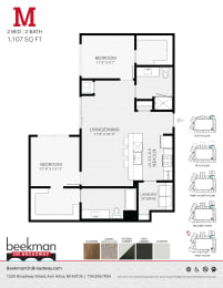 2 bed 2 bath M Floor Plan at Beekman on Broadway, Michigan