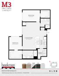 2 bed 2 bath M3 Floor Plan at Beekman on Broadway, Ann Arbor, MI