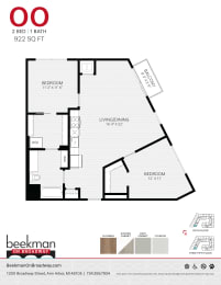 2 bed 1 bath OO Floor Plan at Beekman on Broadway, Ann Arbor, Michigan