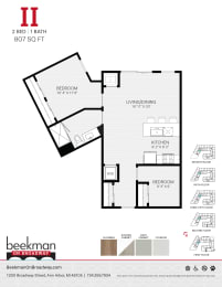 2 bed 1 bath II Floor Plan at Beekman on Broadway, Michigan, 48105
