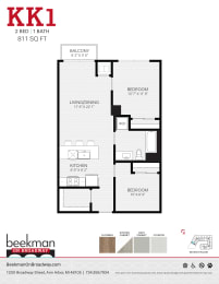 2 bed 1 bath KK1 Floor Plan at Beekman on Broadway, Ann Arbor, 48105