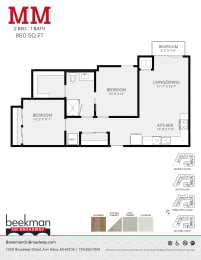 2 bed 1 bath MM Floor Plan at Beekman on Broadway, Michigan, 48105