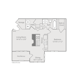 1 Bedroom Floor Plan at Radbourne Lake Apartments, North Carolina, 28269