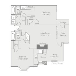 2 Bed 2 Bath Floor Plan at Radbourne Lake Apartments, Charlotte, NC ?