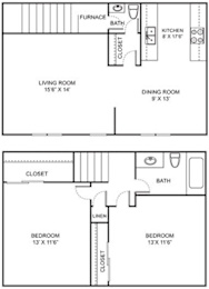 A floor plan of a two-bedroom apartment with a living room, dining room, kitchen, and bathroom.
