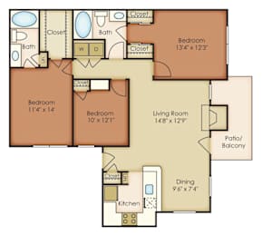 A floor plan of a house with three bedrooms, a living room, a dining area, a kitchen, a bathroom, and a patio/balcony.
