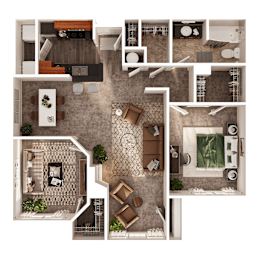 A top-down view of a house layout with a kitchen, living room, dining area, and bathroom.
