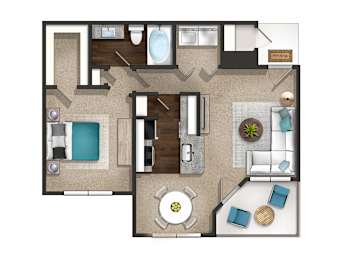 A floor plan of a small apartment with a kitchen, living room, and bathroom.