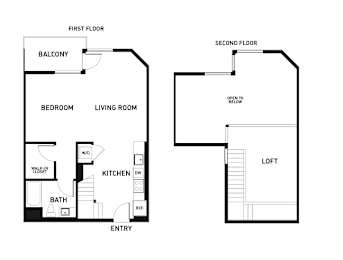 A floor plan of a two-story home with a balcony on the first floor and a loft on the second floor.