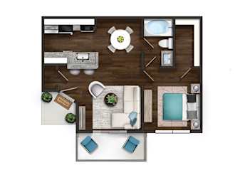 A top-down view of a room with a kitchen, living room, and bathroom.