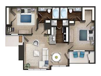 A floor plan of a house with a kitchen, living room, and bathrooms.