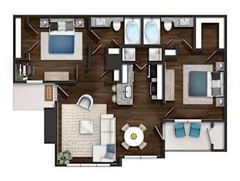 A top-down view of a living room with a couch, coffee table, and television.