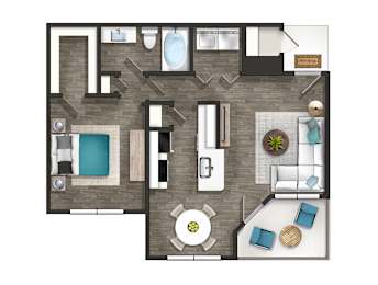 A floor plan of a small apartment with a kitchen, living room, and bathroom.