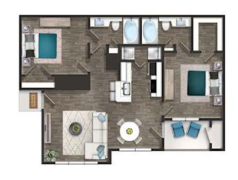 A floor plan of a house with a kitchen, living room, dining room, and bathrooms.
