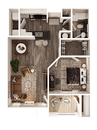 A top-down view of a small apartment with a living room, kitchen, and bathroom.