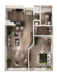 A top-down view of a house interior with a living room, kitchen, and dining area.
