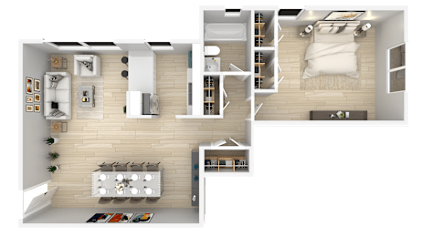 A top-down view of a modern apartment layout.