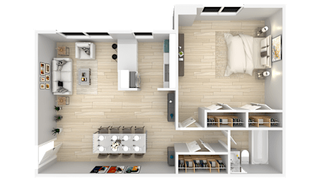 A modern apartment with a kitchen, living room, and bedroom.