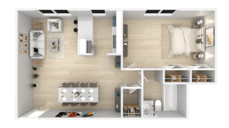 A modern apartment layout with a kitchen, living room, and bedroom.