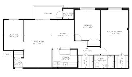 A floor plan of a house with a balcony, two bedrooms, a living room, a dining room, a kitchen, a master bedroom, a bathroom, a foyer, and a hall.