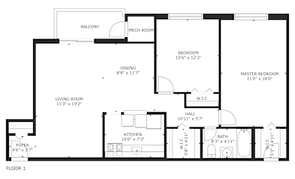 A floor plan of a home with a living room, dining room, kitchen, and two bedrooms.