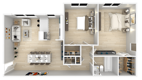 A 3D rendered image of a modern apartment layout.