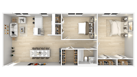 A top-down view of a modern apartment layout with a living room, kitchen, and bedroom.