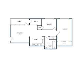 A floor plan of a house with two bedrooms, a living/dining room, a kitchen, a bathroom, and storage.