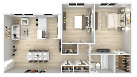 A 3D rendered image of a modern apartment layout.