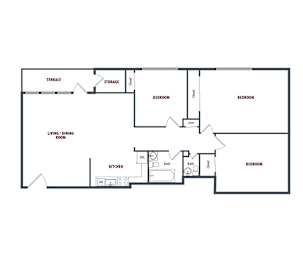 A floor plan of a house with a kitchen, living room, two bedrooms, and a storage area.