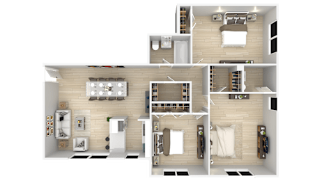 A detailed 3D floor plan of a modern apartment layout.