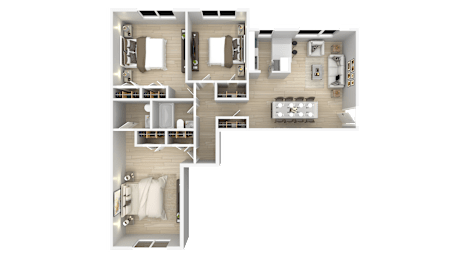 A floor plan of a house with two bedrooms, a living room, a kitchen, and a bathroom.