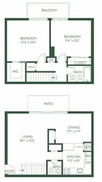 a floor plan of a two story house with a garage and a balcony