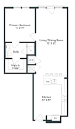 A floor plan of a small apartment with a primary bedroom, living/dining room, kitchen, bath, and walk-in closet.