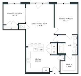 A black and white floor plan of a house with a living/dining room, kitchen, two bedrooms, a bathroom, and a walk-in closet.