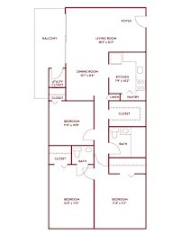 A red floor plan of a house with labeled rooms.