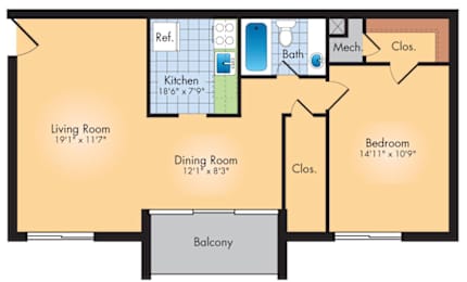 A floor plan of a house with a living room, dining room, kitchen, bedroom, bathroom and balcony.