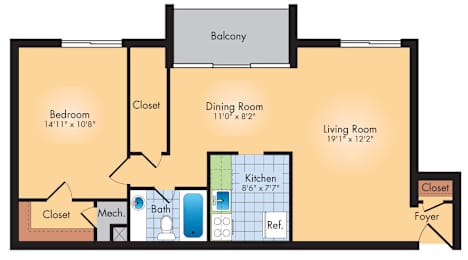 A floor plan of a living space with a bedroom, closet, dining room, kitchen, and living room.