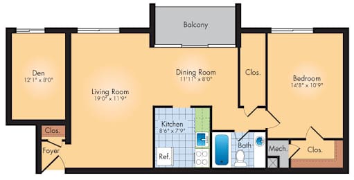 A floor plan of a house with a den, dining room, living room, kitchen, bathroom, and bedroom.