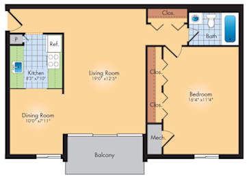A floor plan of a house with a kitchen, dining room, living room, bedroom, bathroom and balcony.