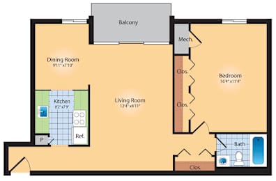 A floor plan of a living room with a kitchen, bathroom, and dining room.
