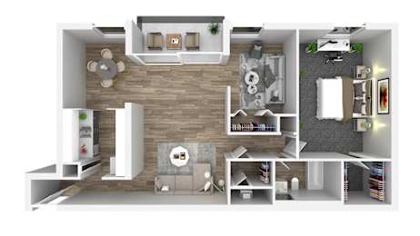 A 3D rendered image of a modern apartment layout.