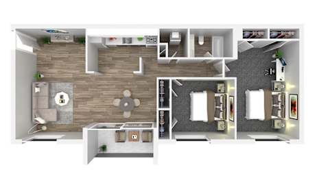 A 3D floor plan of a house with a kitchen, living room, and bathrooms.