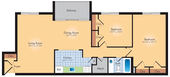 A floor plan of a house with a living room, dining room, kitchen, two bedrooms, a bathroom, a foyer, and a balcony.