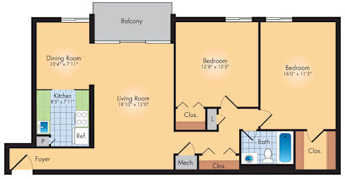 A floor plan of a house with a dining room, living room, kitchen, and three bedrooms.