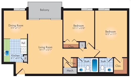 A floor plan of a house with a balcony, three bedrooms, a living room, a dining room, a kitchen, and two bathrooms.
