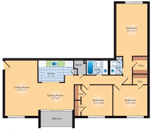 A floor plan of a house with a living room, kitchen, dining room, and three bedrooms.
