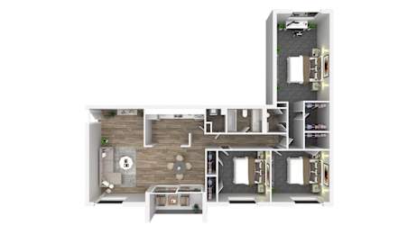 A 3D floor plan of a house with a kitchen, living room, and two bedrooms.