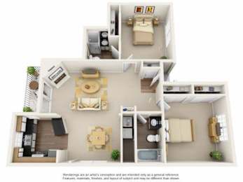 Floor Plan  A 3D floor plan of a house with a kitchen, living room, and bedrooms.